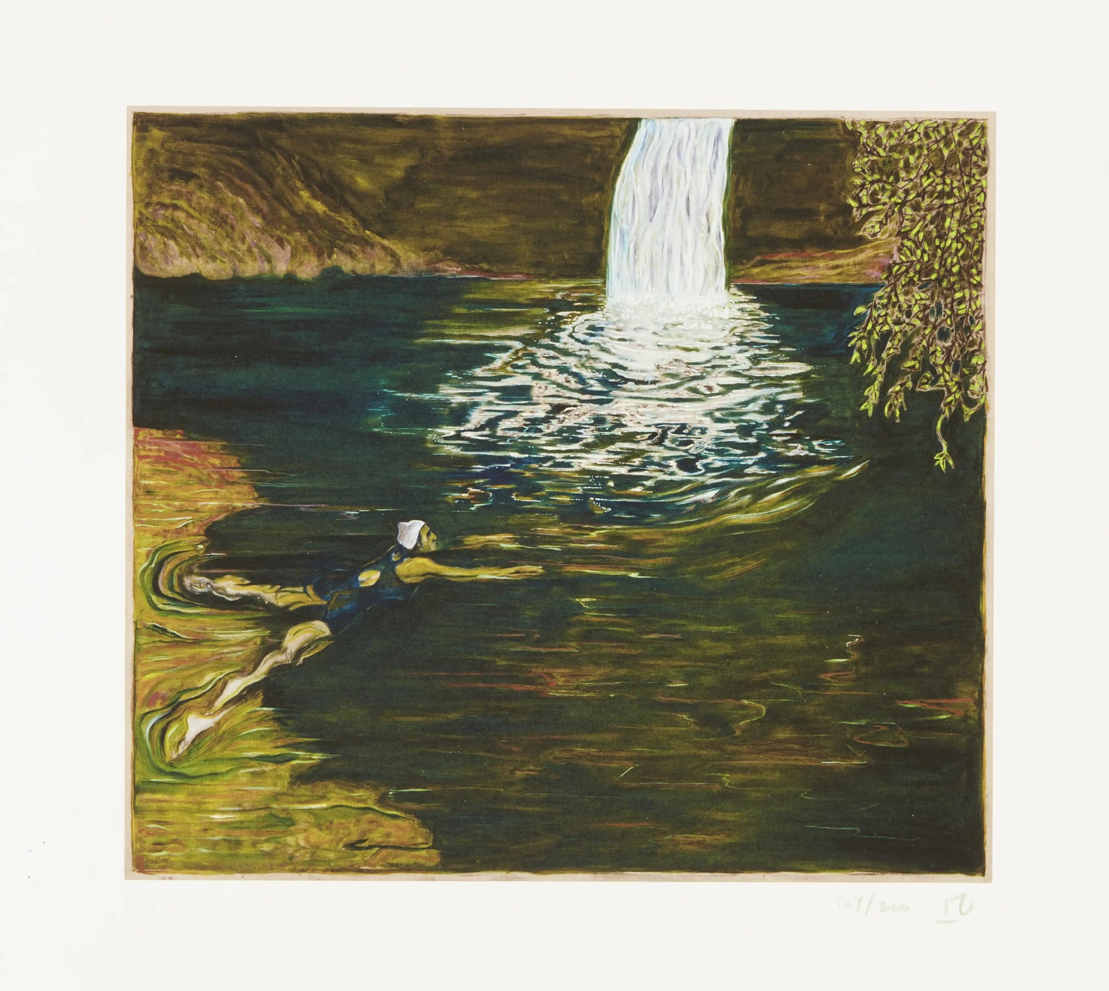 Swimmer and Waterfall